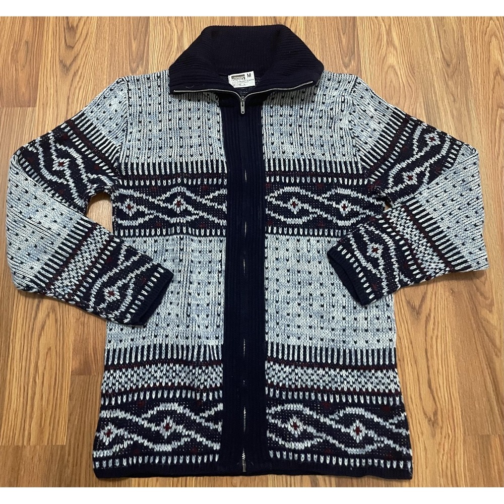 Montgomery Ward Sweater Mens Medium Full Zip Fair Isle Nordic Cardigan 90s